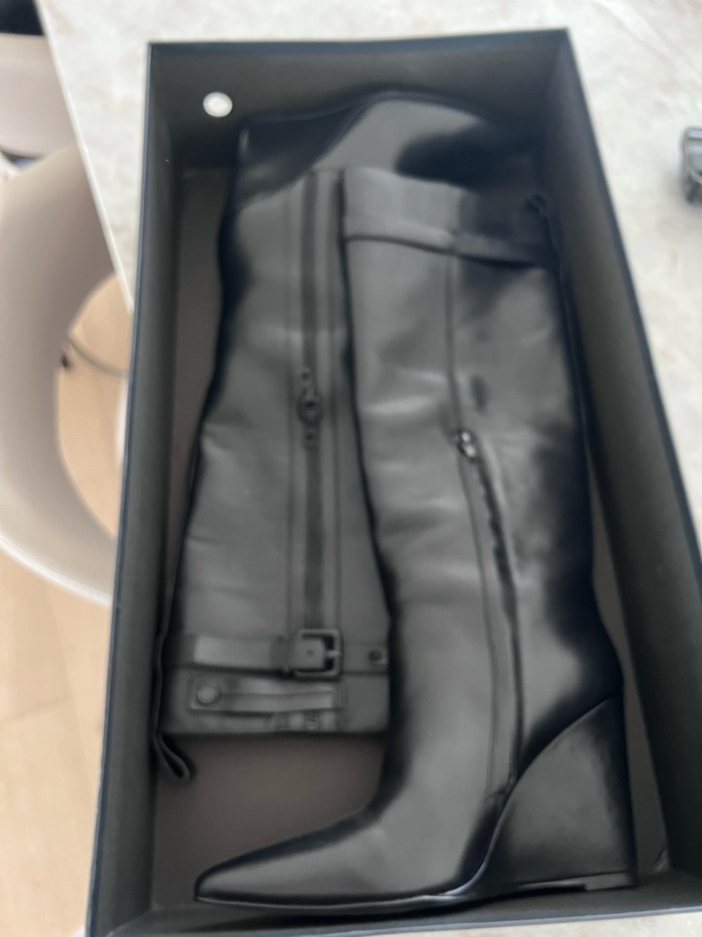 RUDSAK Black Leather Wedge Knee-High Boots with Calf Buckle